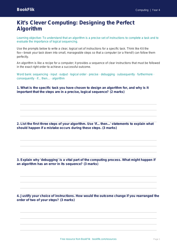 Free Algorithms Writing Frame | Grade 3 | Computing | BookFlik worksheet preview — Computing Algorithms