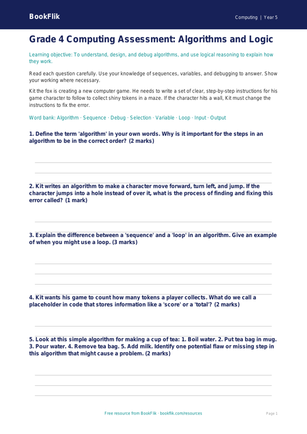 Free Algorithms Assessment | Grade 4 | Computing | BookFlik worksheet preview — Computing Algorithms