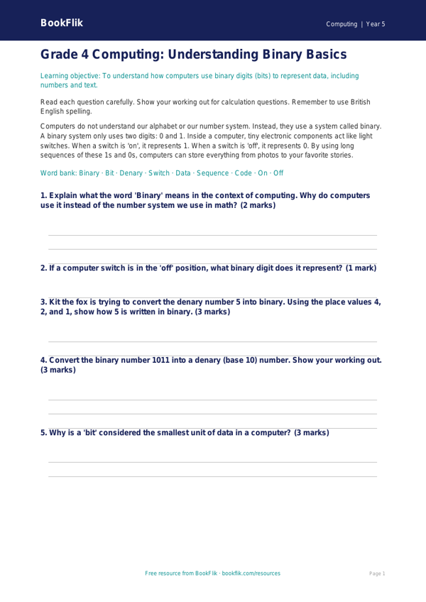 Free Binary Assessment | Grade 4 | Computing | BookFlik worksheet preview — Computing Binary