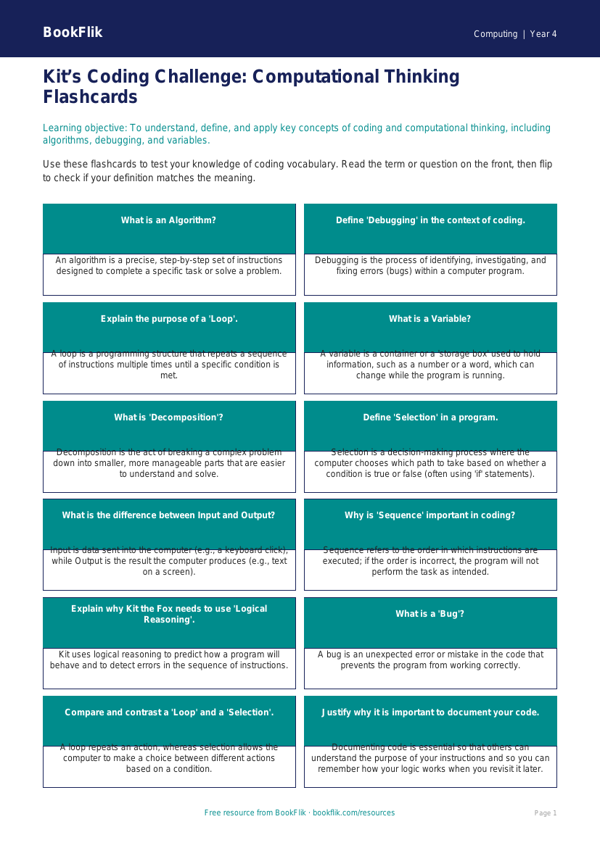 Free Coding Flashcards | Grade 3 | Computing | BookFlik worksheet preview — Computing Coding