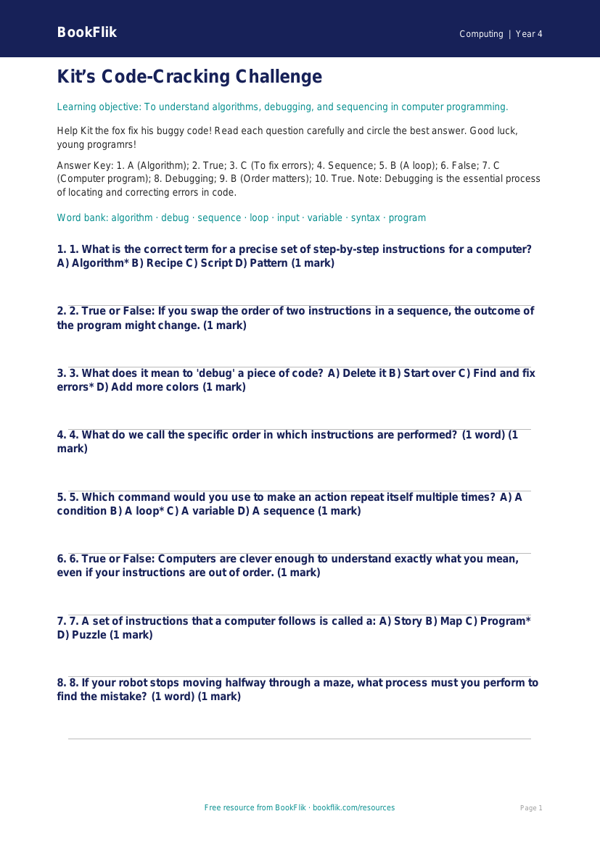 Free Coding Quiz | Grade 3 | Computing | BookFlik worksheet preview — Computing Coding
