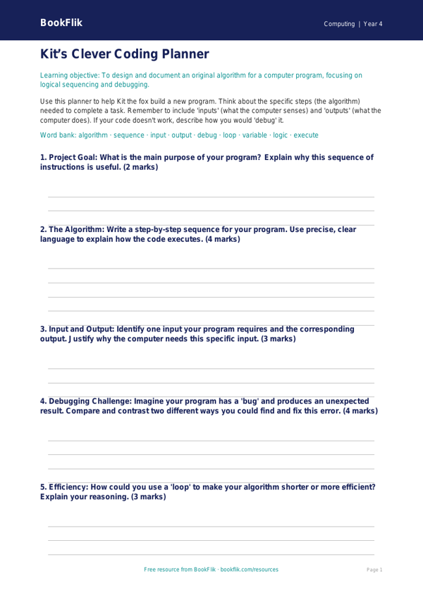 Free Coding Template | Grade 3 | Computing | BookFlik worksheet preview — Computing Coding