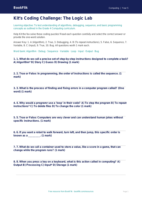 Free Coding Quiz | Grade 4 | Computing | BookFlik worksheet preview — Computing Coding