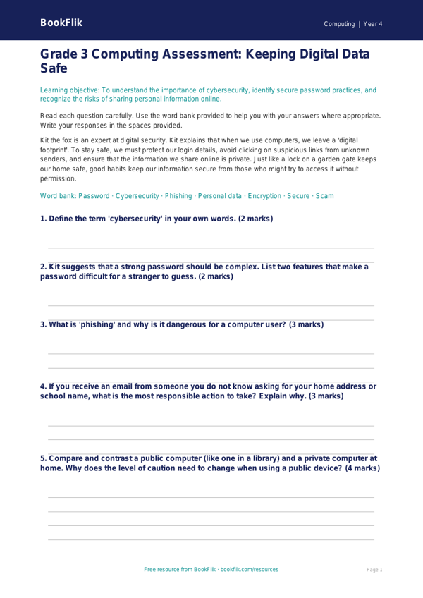 Cybersecurity Assessment Grade 3 | Computing Lesson | BookFlik worksheet preview — Computing Cybersecurity