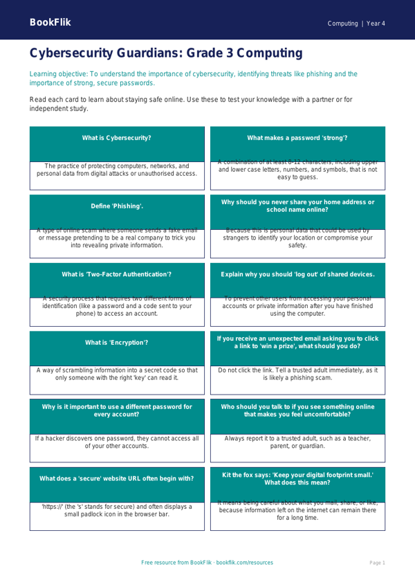 Free Cybersecurity Flashcards | Grade 3 | Computing | BookFlik worksheet preview — Computing Cybersecurity