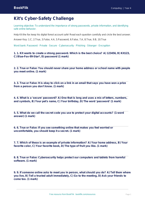 Free Cybersecurity Quiz | Grade 3 | Computing | BookFlik worksheet preview — Computing Cybersecurity