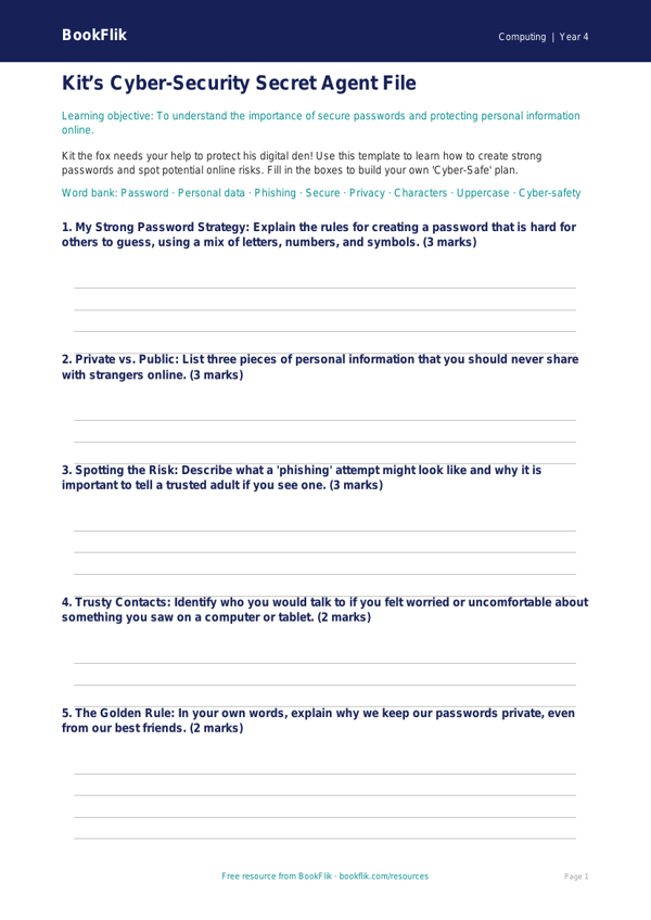Free Cybersecurity Template | Grade 3 | Computing | BookFlik worksheet preview — Computing Cybersecurity
