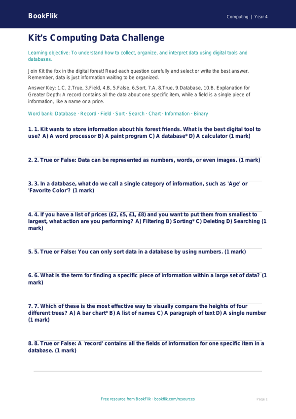Free Data Handling Quiz | Grade 3 | Computing | BookFlik worksheet preview — Computing Data Handling