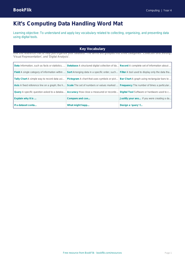 Free Data Handling Word Mat | Grade 3 | Computing | BookFlik worksheet preview — Computing Data Handling