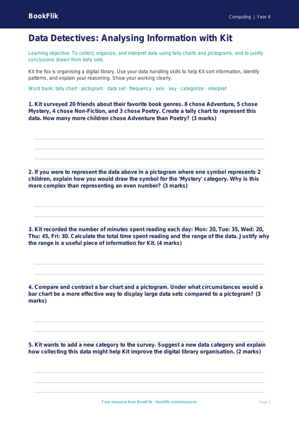 Free Data Handling Worksheet | Grade 3 | Computing | BookFlik worksheet preview — Computing Data Handling