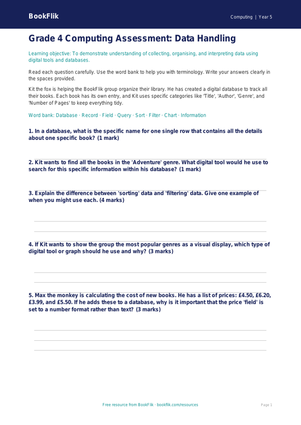 Free Data Handling Assessment | Grade 4 | Computing | BookFlik worksheet preview — Computing Data Handling
