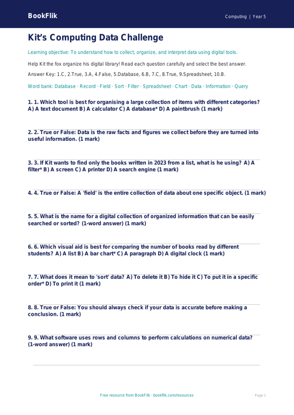 Free Data Handling Quiz | Grade 4 | Computing | BookFlik worksheet preview — Computing Data Handling