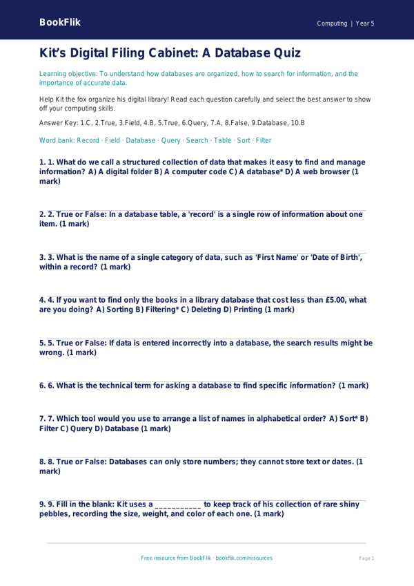 Free Databases Quiz | Grade 4 | Computing | BookFlik worksheet preview — Computing Databases