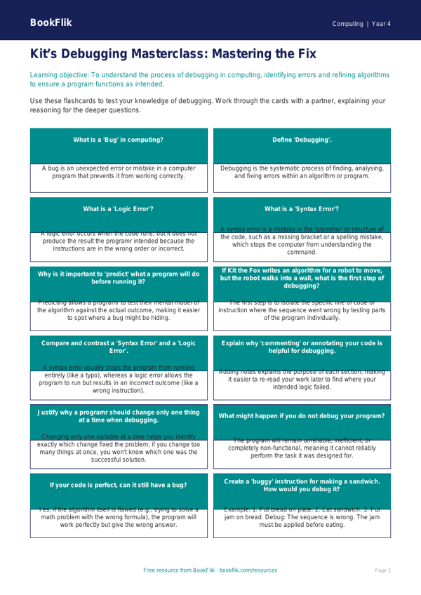 Free Debugging Flashcards | Grade 3 | Computing | BookFlik worksheet preview — Computing Debugging