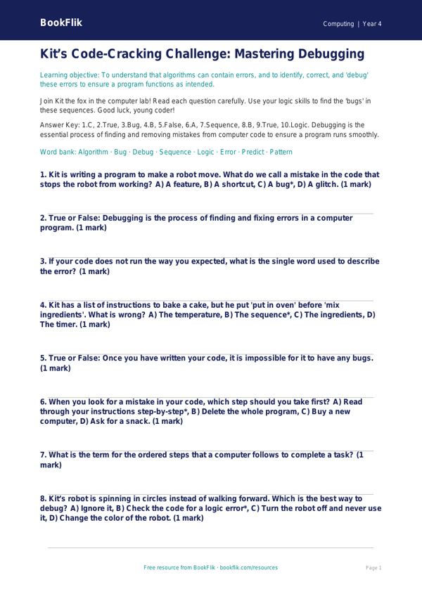 Free Debugging Quiz | Grade 3 | Computing | BookFlik worksheet preview — Computing Debugging