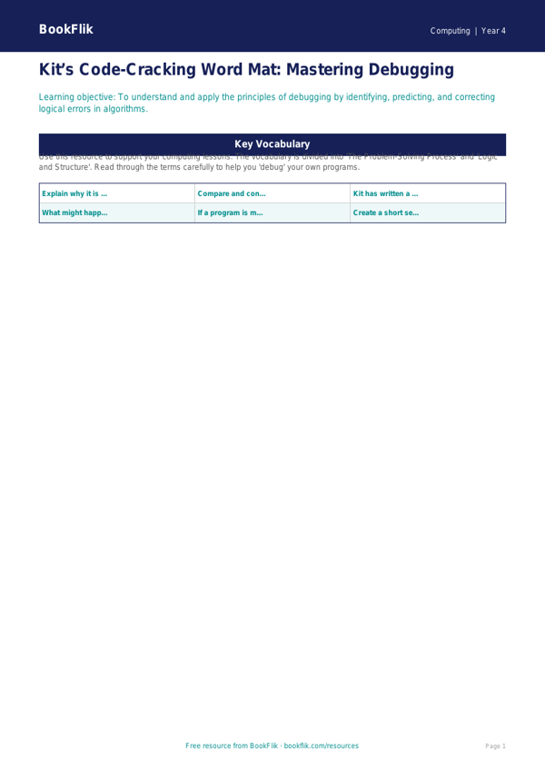 Free Debugging Word Mat | Grade 3 | Computing | BookFlik worksheet preview — Computing Debugging