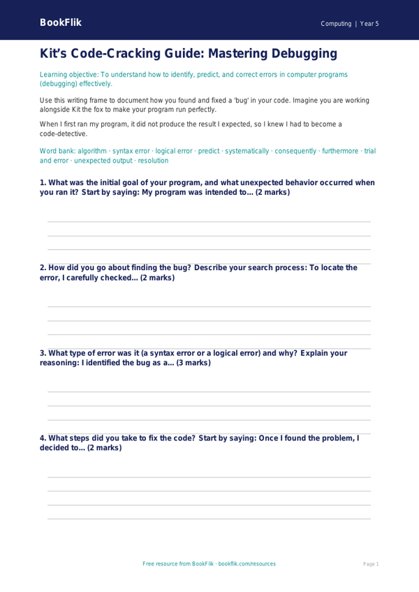 Free Debugging Writing Frame | Grade 4 | Computing | BookFlik worksheet preview — Computing Debugging