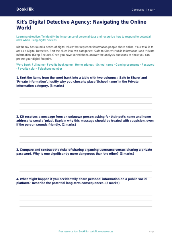 Free E Safety Activity Sheet | Grade 3 | Computing | BookFlik worksheet preview — Computing E Safety