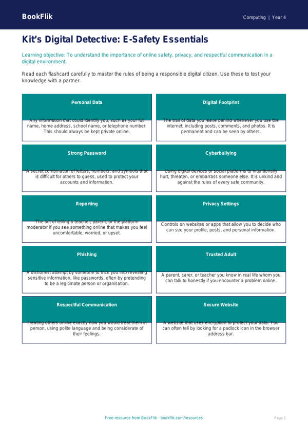 Free E Safety Flashcards | Grade 3 | Computing | BookFlik worksheet preview — Computing E Safety
