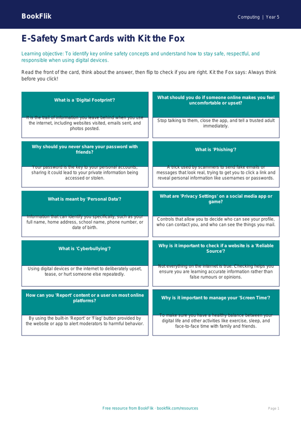 Free E-Safety Flashcards | Grade 4 Computing | BookFlik worksheet preview — Computing E Safety