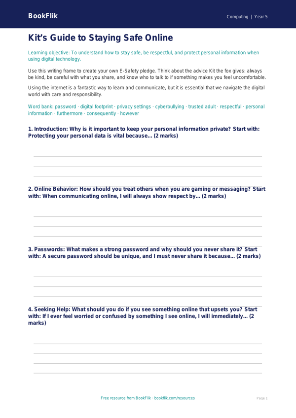 Free E-Safety Writing Frame | Grade 4 | Computing | BookFlik worksheet preview — Computing E Safety