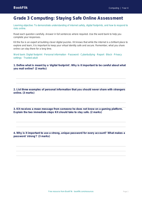 Free Internet Safety Assessment | Grade 3 | Computing | BookFlik worksheet preview โ Computing Internet Safety