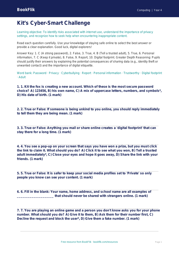 Free Internet Safety Quiz | Grade 3 | Computing | BookFlik worksheet preview — Computing Internet Safety