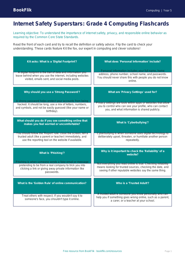 Free Internet Safety Flashcards | Grade 4 | Computing | BookFlik worksheet preview — Computing Internet Safety