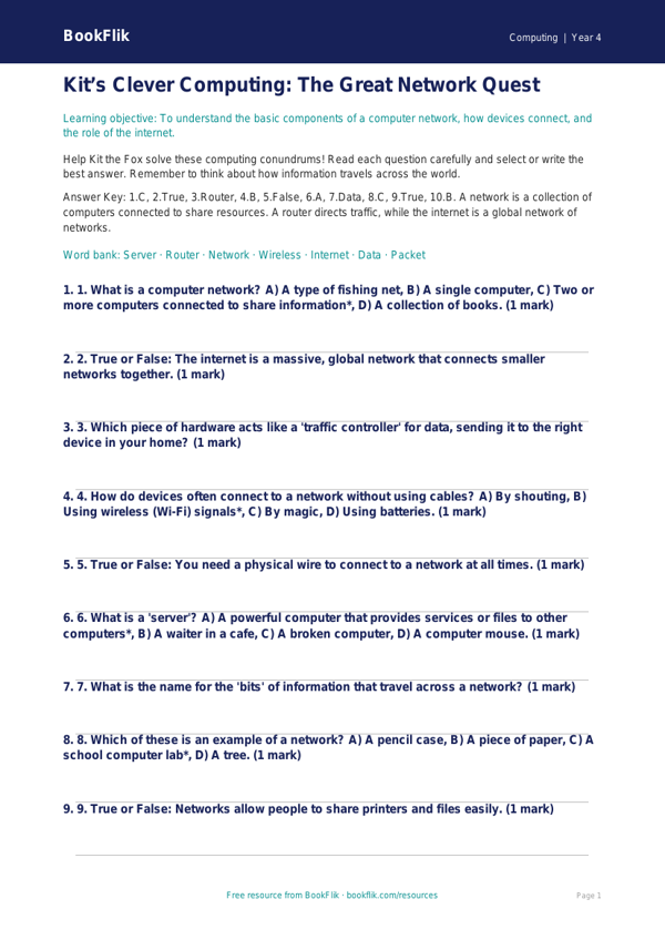 Free Networks Quiz | Grade 3 | Computing | BookFlik worksheet preview — Computing Networks