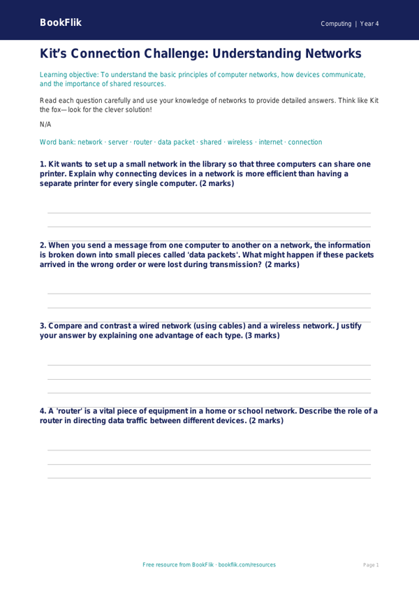 Free Networks Worksheet | Grade 3 | Computing | BookFlik worksheet preview — Computing Networks
