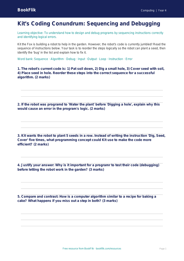 Free Programming Activity Sheet | Grade 3 | Computing | BookFlik worksheet preview — Computing Programming