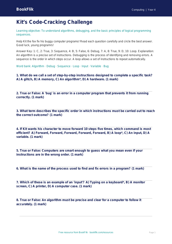 Free Programming Quiz | Grade 3 | Computing | BookFlik worksheet preview — Computing Programming