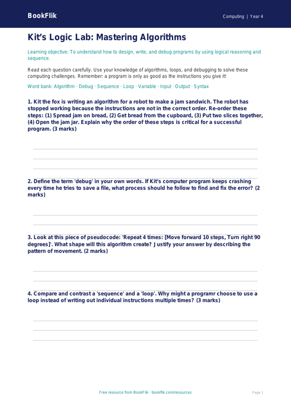 Free Programming Worksheet | Grade 3 | Computing | BookFlik worksheet preview — Computing Programming