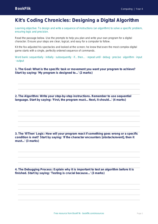 Free Programming Writing Frame | Grade 3 | Computing | BookFlik worksheet preview — Computing Programming