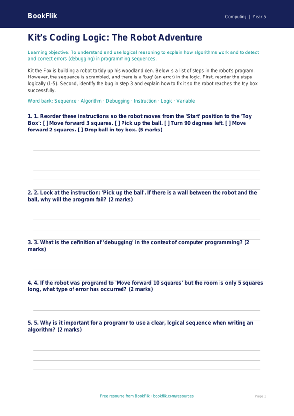 Free Programming Activity Sheet | Grade 4 | Computing | BookFlik worksheet preview — Computing Programming
