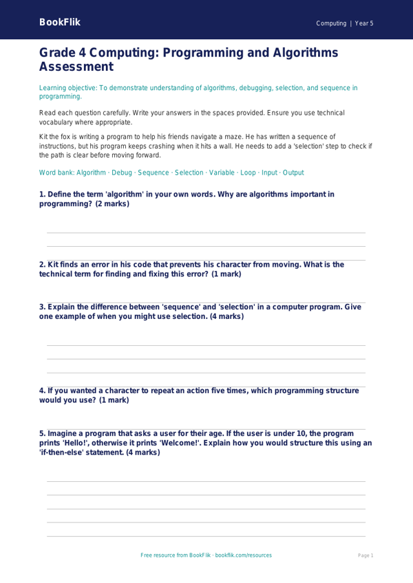 Free Programming Assessment | Grade 4 | Computing | BookFlik worksheet preview — Computing Programming