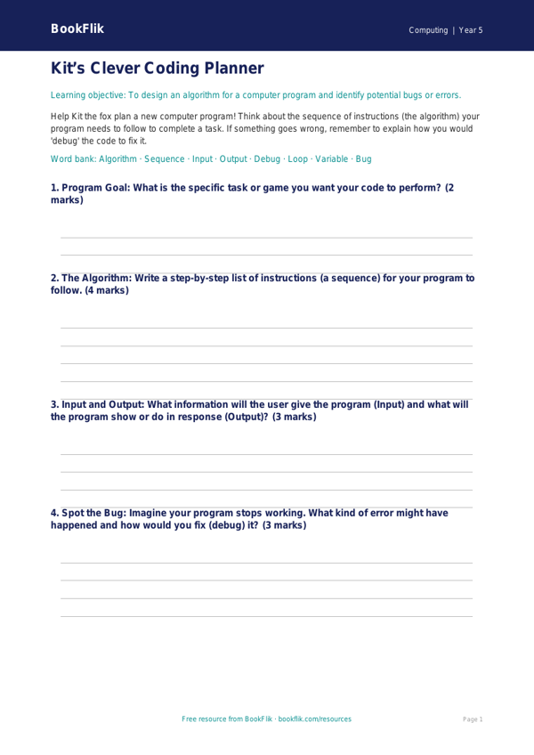 Free Programming Template | Grade 4 | Computing | BookFlik worksheet preview — Computing Programming