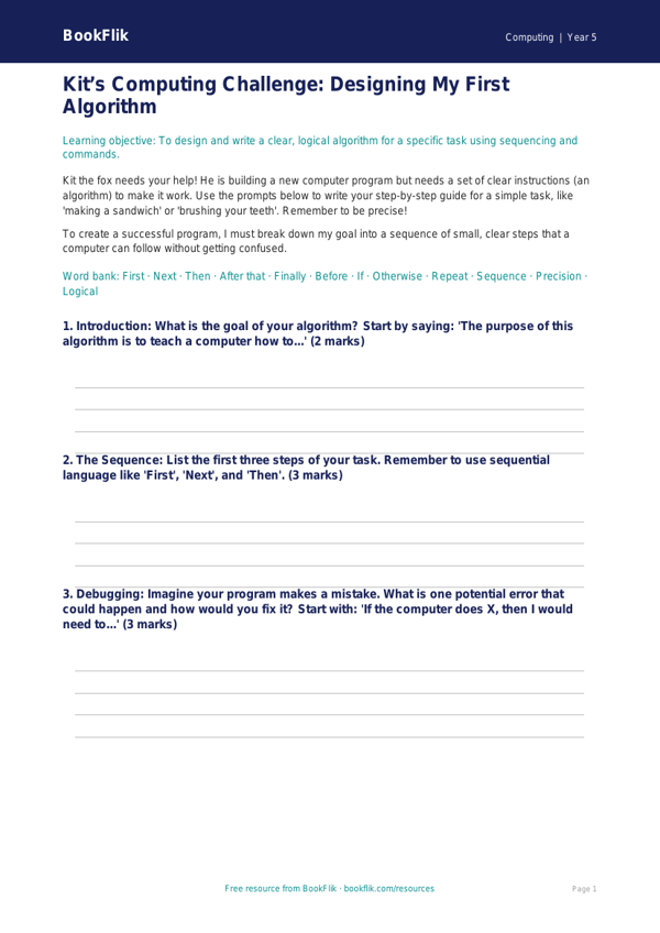 Free Programming Writing Frame | Grade 4 | Computing | BookFlik worksheet preview — Computing Programming