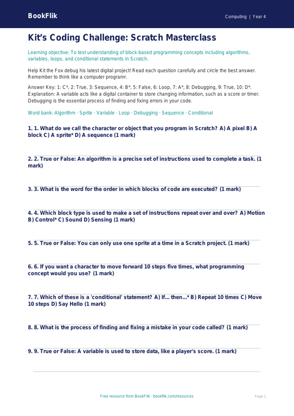 Free Scratch Quiz | Grade 3 | Computing | BookFlik worksheet preview — Computing Scratch