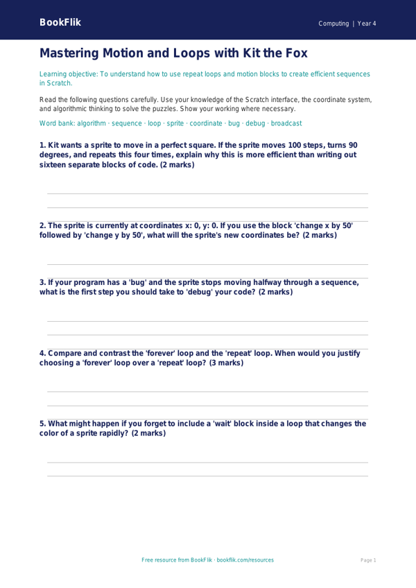 Free Scratch Worksheet | Grade 3 | Computing | BookFlik worksheet preview — Computing Scratch