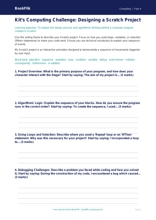 Free Scratch Writing Frame | Grade 3 | Computing | BookFlik worksheet preview — Computing Scratch