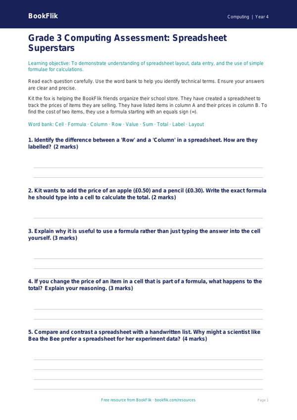 Free Spreadsheets Assessment | Grade 3 | Computing | BookFlik worksheet preview — Computing Spreadsheets