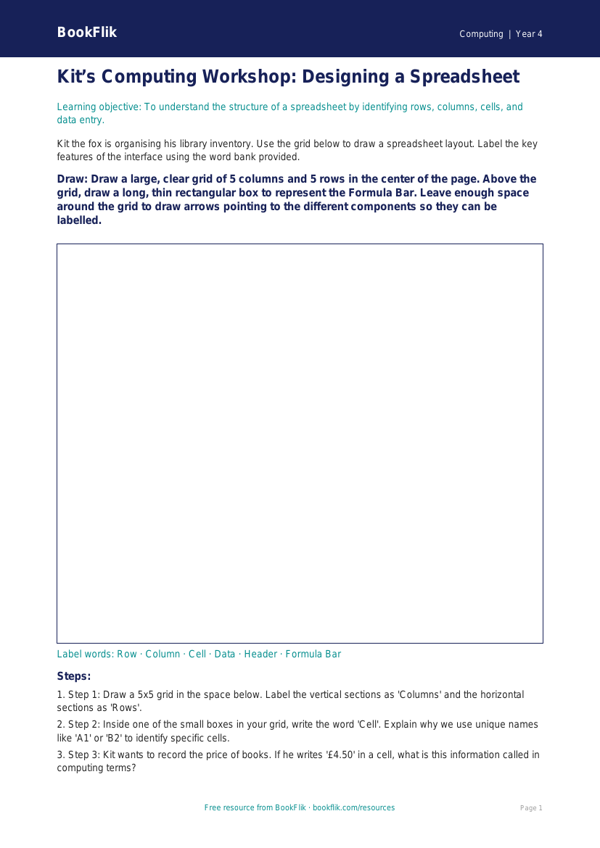 Free Spreadsheets Drawing Sheet | Grade 3 | Computing | BookFlik worksheet preview — Computing Spreadsheets