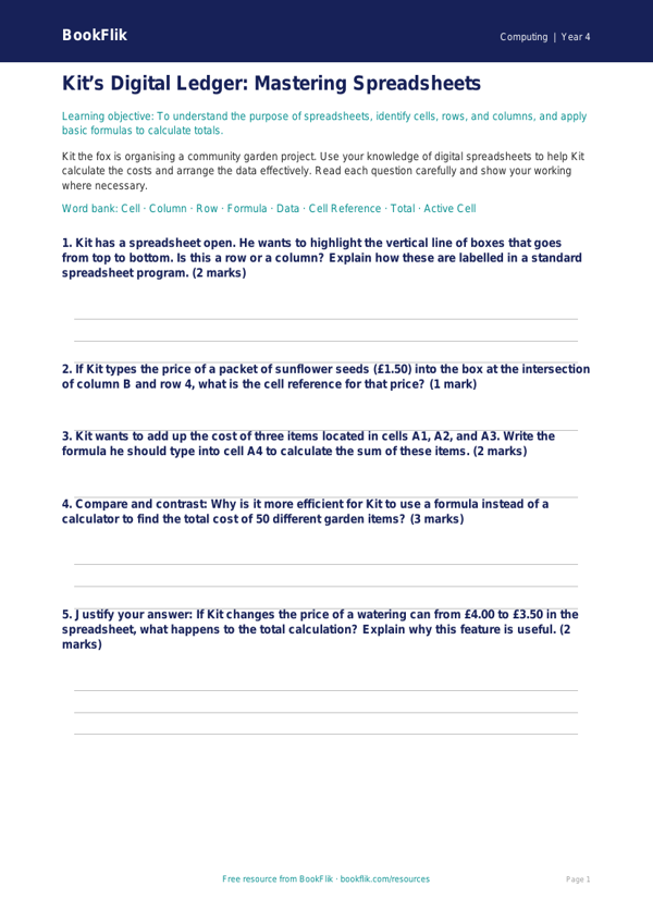 Free Spreadsheets Worksheet | Grade 3 | Computing | BookFlik worksheet preview — Computing Spreadsheets