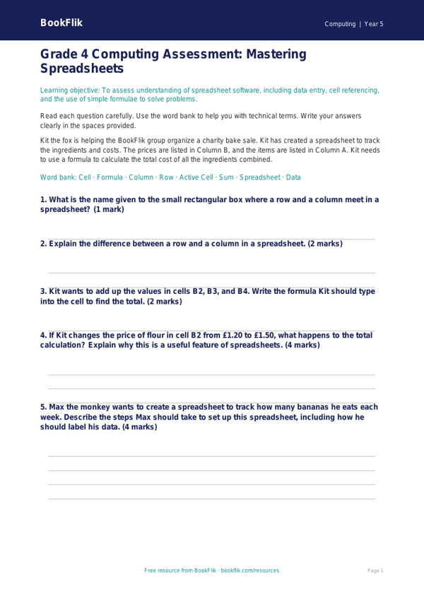Free Spreadsheets Assessment | Grade 4 | Computing | BookFlik worksheet preview — Computing Spreadsheets