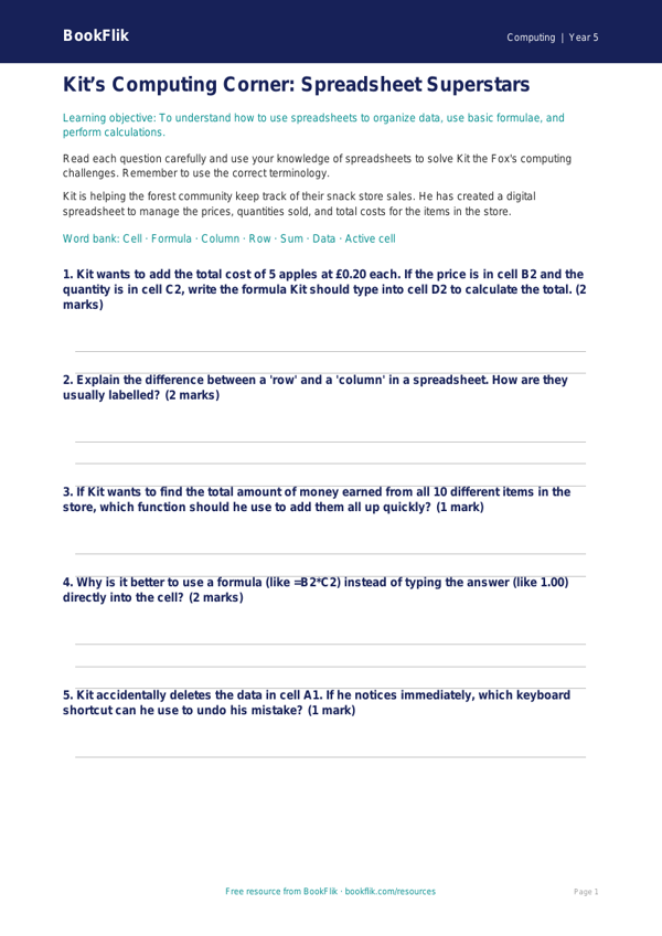 Free Spreadsheets Worksheet | Grade 4 | Computing | BookFlik worksheet preview — Computing Spreadsheets