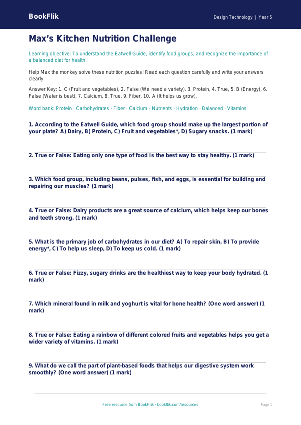 Free Cooking Nutrition Quiz | Grade 4 | Design Technology | BookFlik worksheet preview — Design-Technology Cooking Nutrition