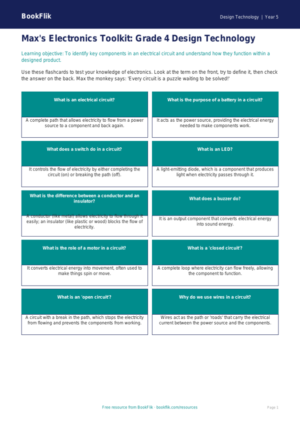 Free Electronics Flashcards | Grade 4 | Design Technology | BookFlik worksheet preview — Design-Technology Electronics