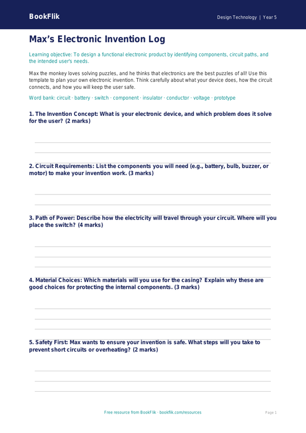 Free Electronics Template | Grade 4 | Design Technology | BookFlik worksheet preview — Design-Technology Electronics