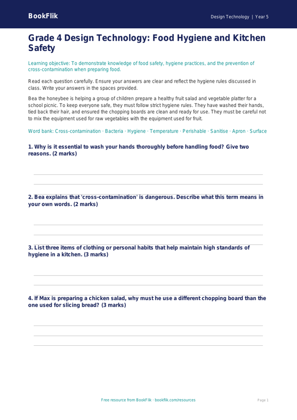 Free Food Hygiene Assessment | Grade 4 | Design Technology | BookFlik worksheet preview — Design-Technology Food Hygiene